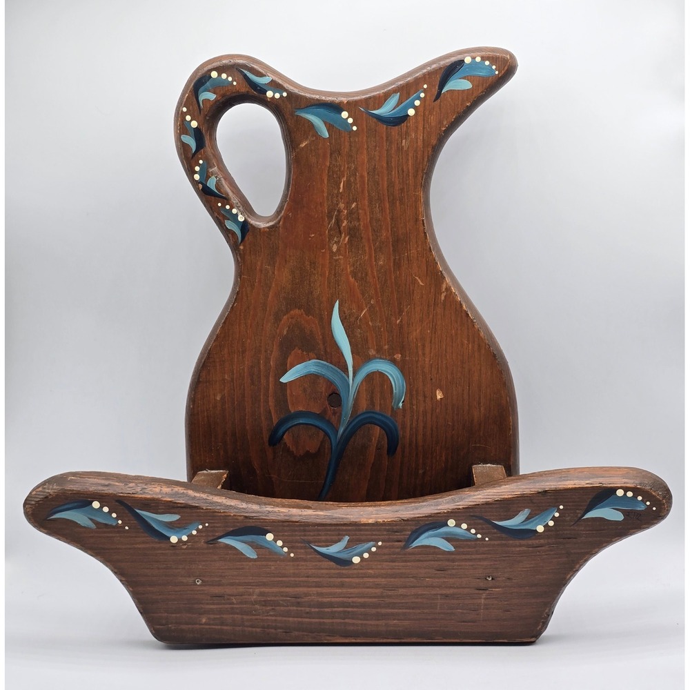 Vintage Pitcher Wall Pocket Shelf Decor Brown Pitcher Folk Art Hand Painted Wood